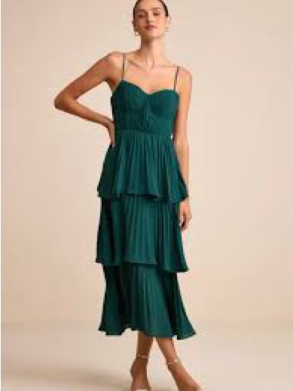 Lulu's Teal Pleated Tiered Midi Dress with Spaghetti Straps